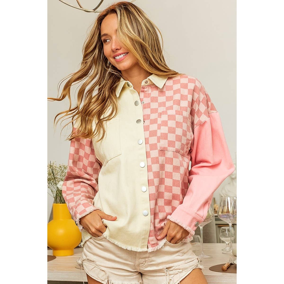 Colorblock checkered shacket