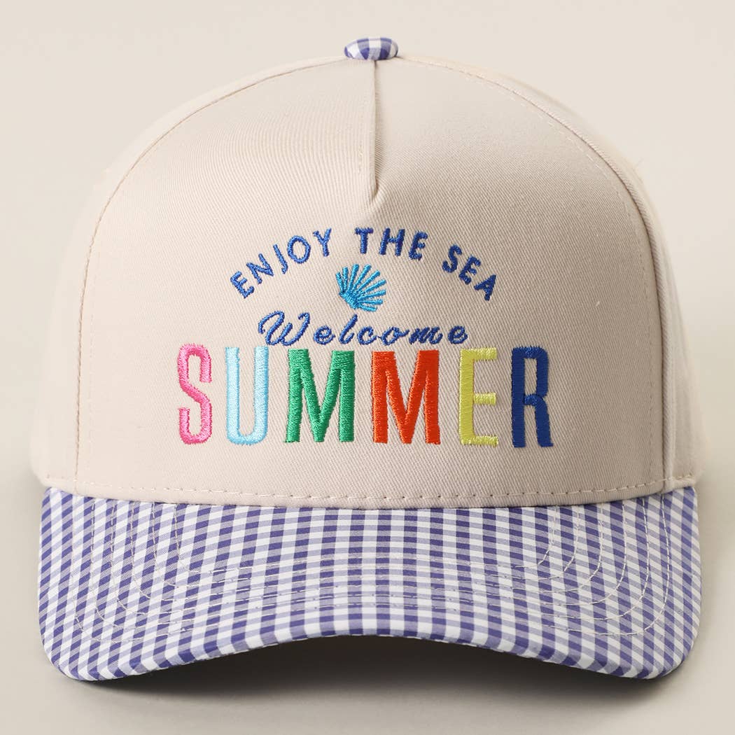 Welcome SUMMER Embroidered Gingham Trucker Hat
