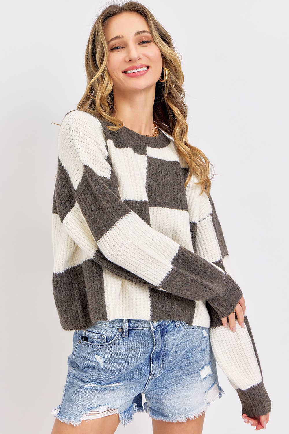 CHECKER RELAXED FIT COMFY SWEATER