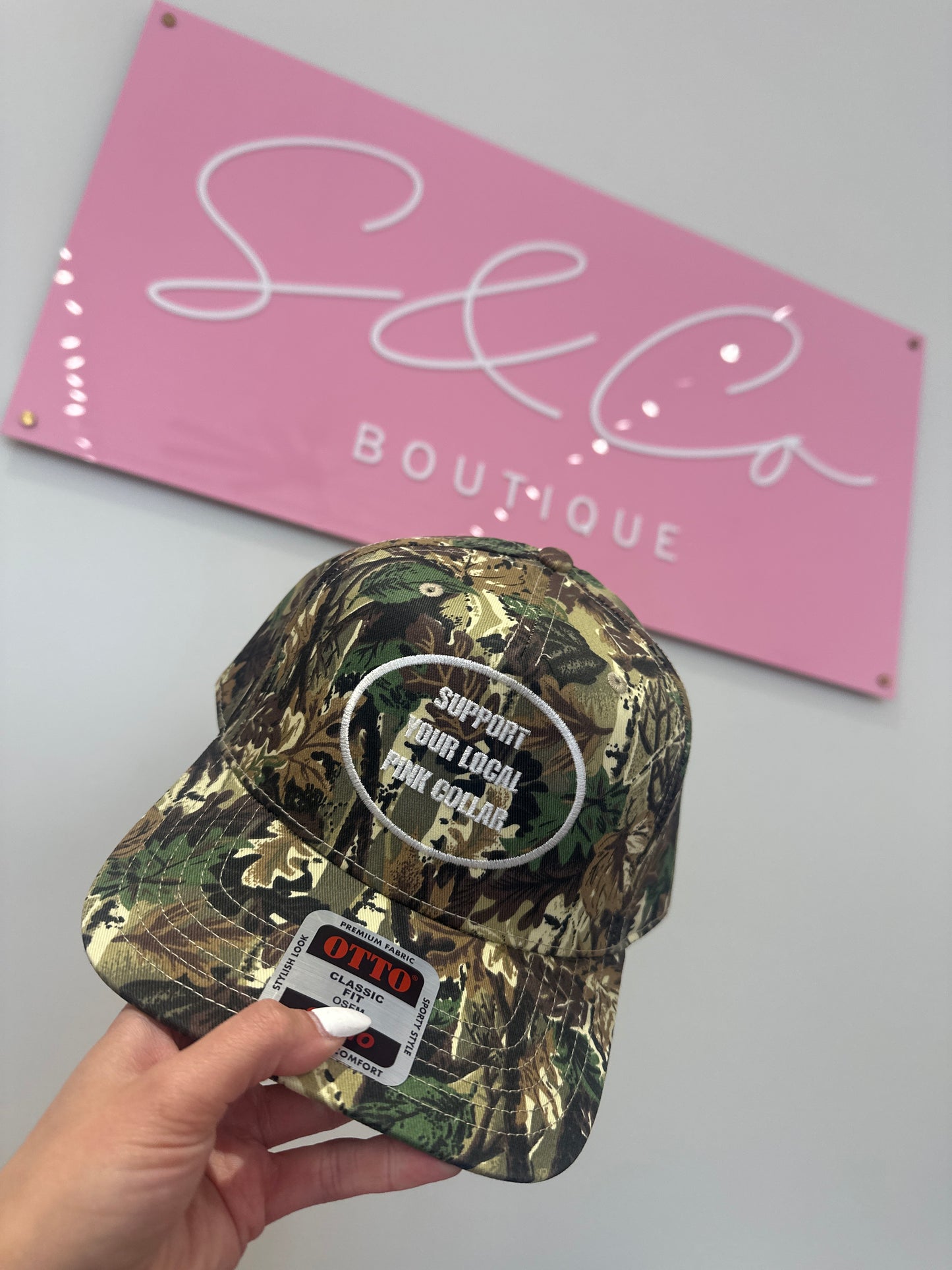 Support pink collar camo hat