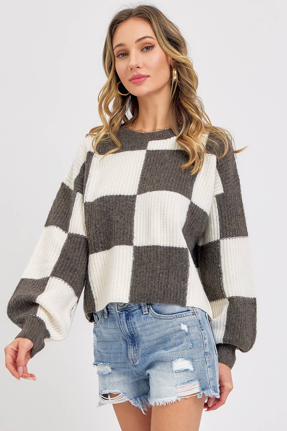 CHECKER RELAXED FIT COMFY SWEATER