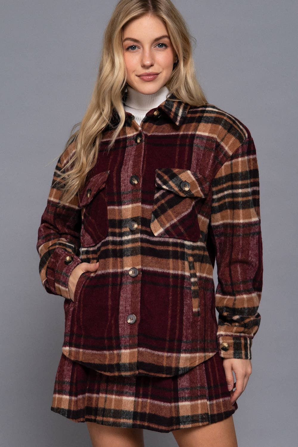 Burgundy shacket with pockets