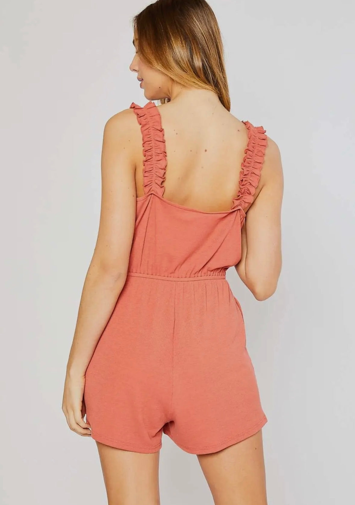 Rib ruffle strap romper