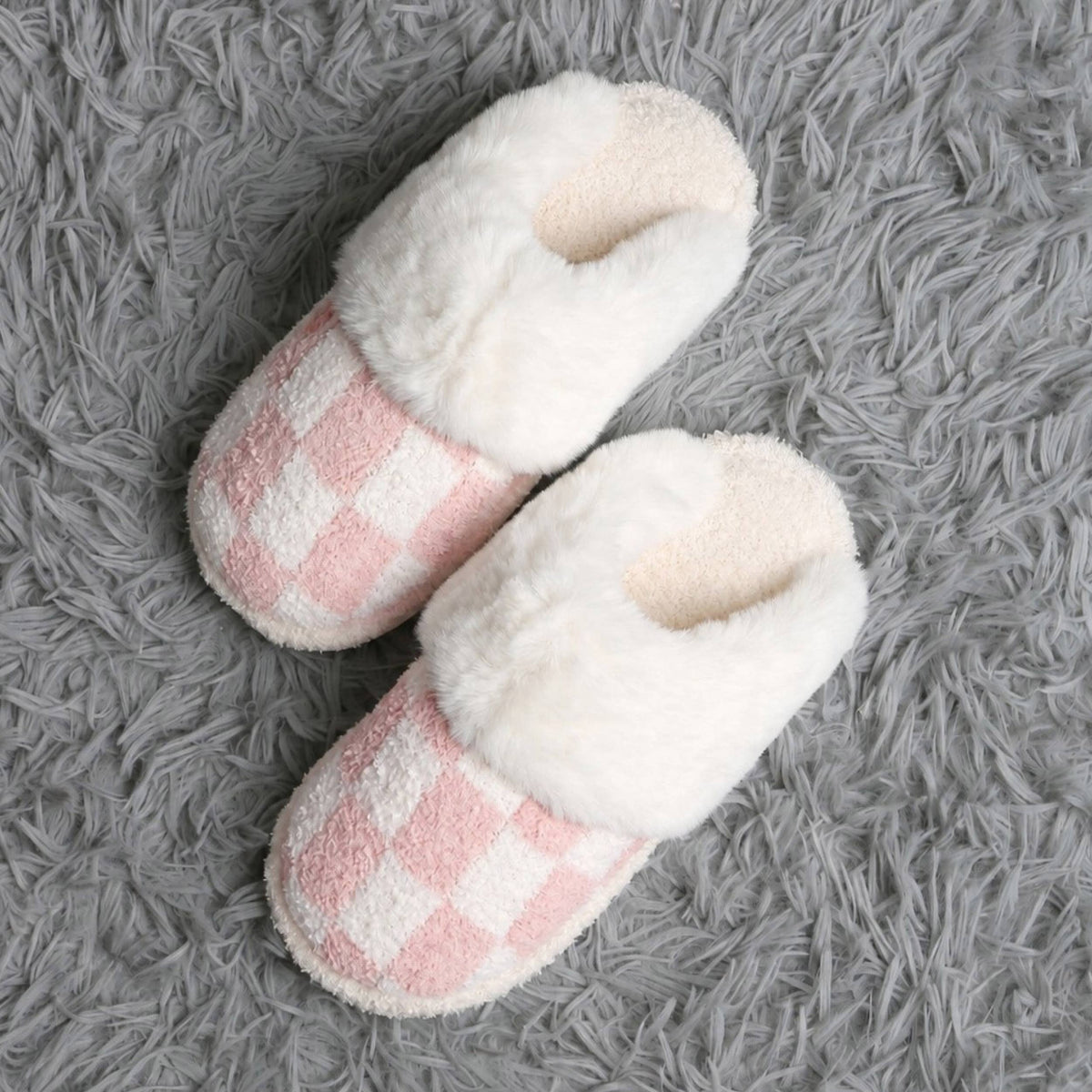 Checkered Faux Fur Cuff Mule Winter Slippers