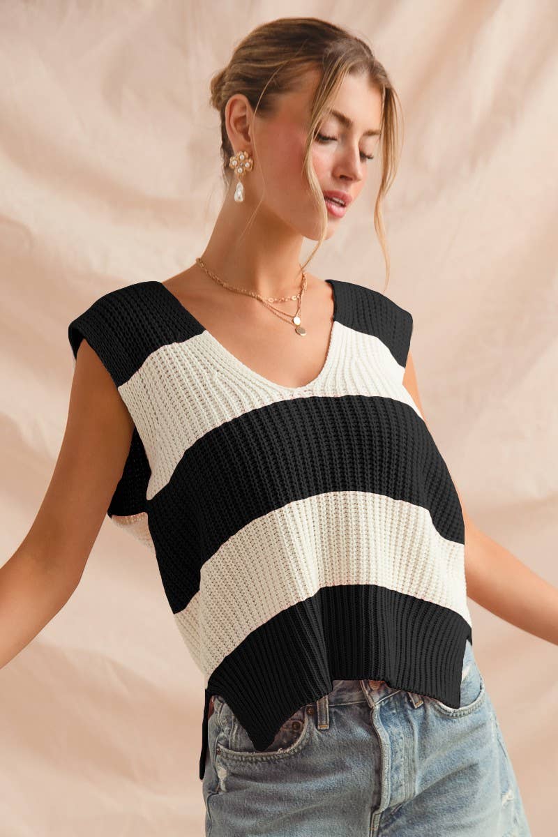 Loose Fit Stripe Deep V Neck Sweater Top