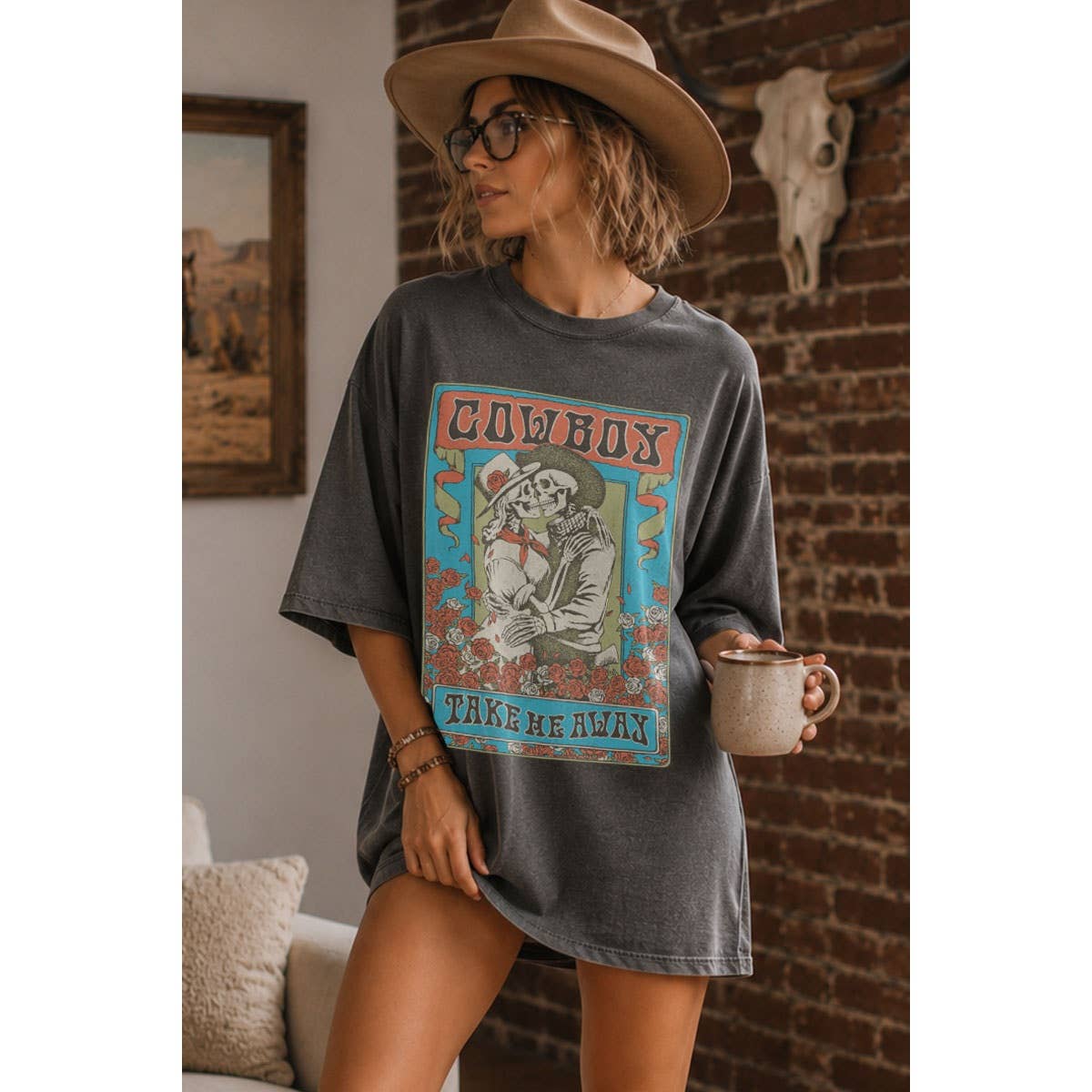 COWBOY TAKE ME AWAY OVERSIZED MINERAL GRAPHIC TEE