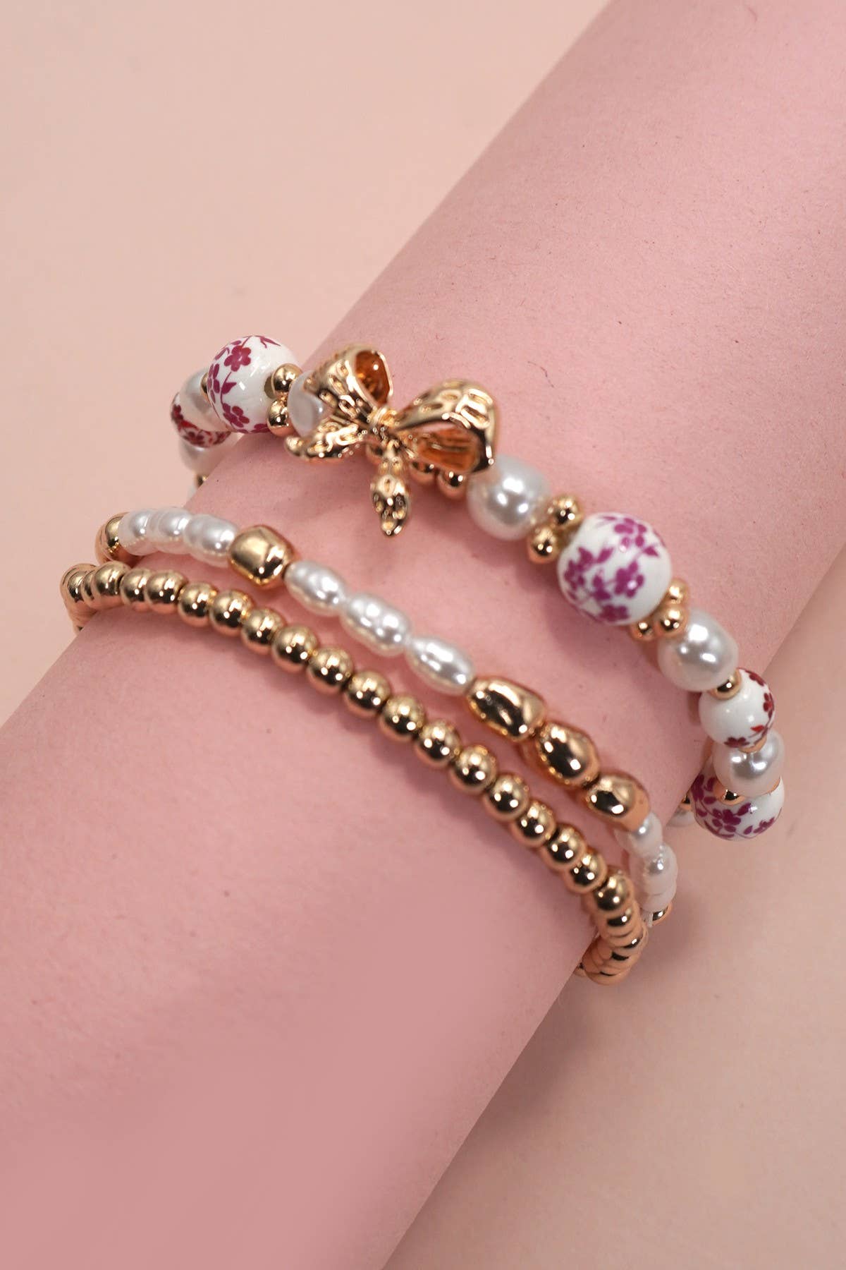PINK CERAMIC PORCELAIN BOW MULTI LAYER BRACELET | 80B1340