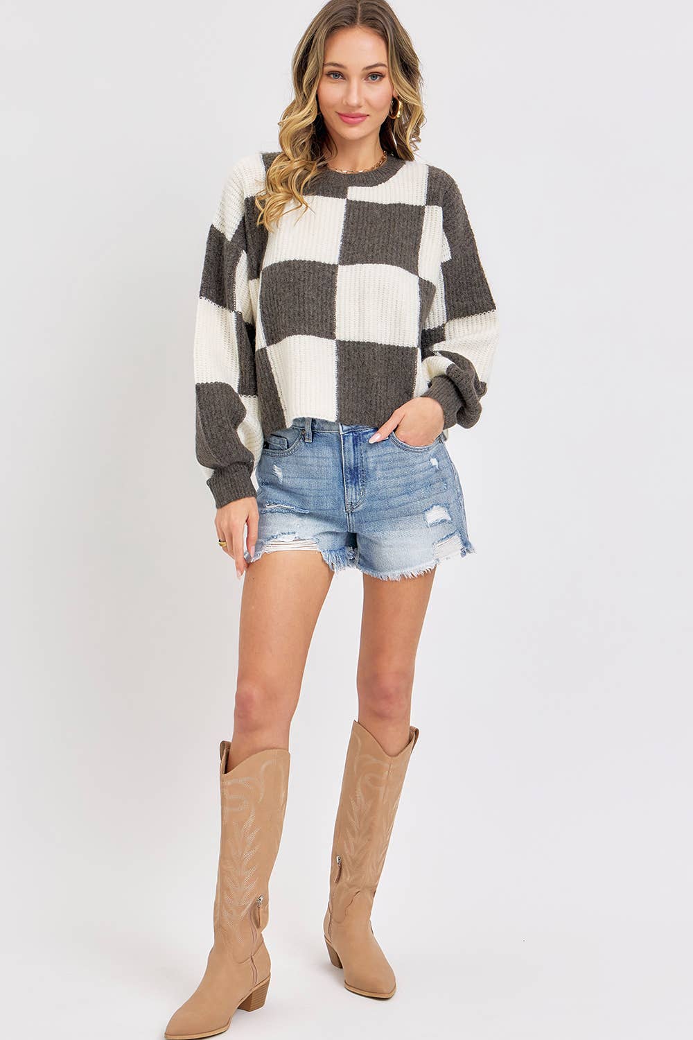 CHECKER RELAXED FIT COMFY SWEATER