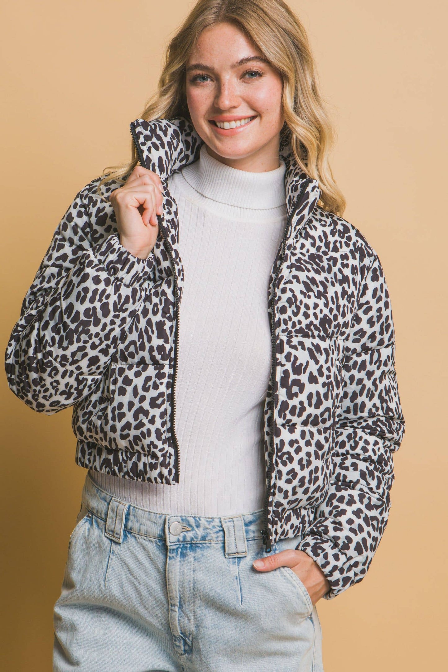 Leopard Print Bomber Puffer Jacket