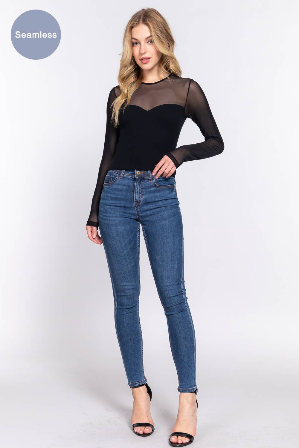 Long Sleeve Round Neck Mesh Seamless Top