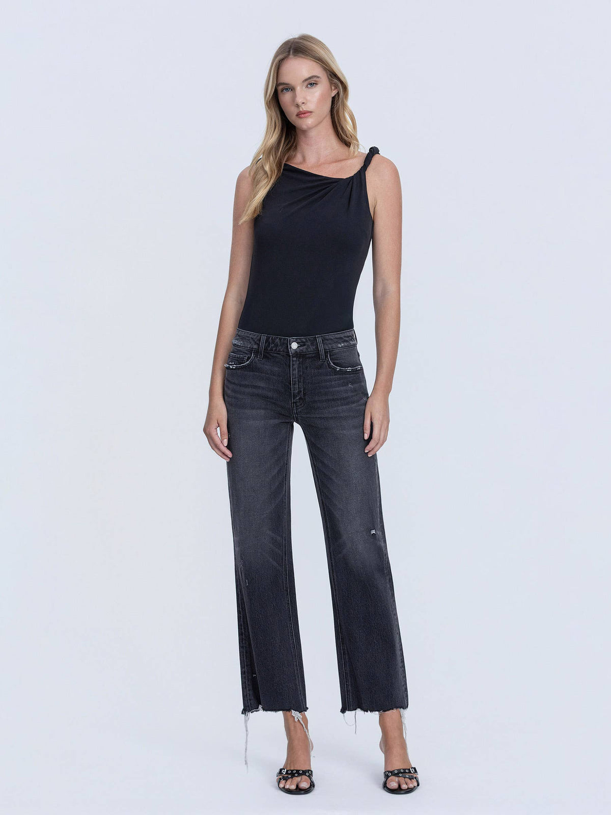 BAILEY MID RISE RAW DISTRESSED HEM BLACK SLIM WIDE JEANS T7302BK