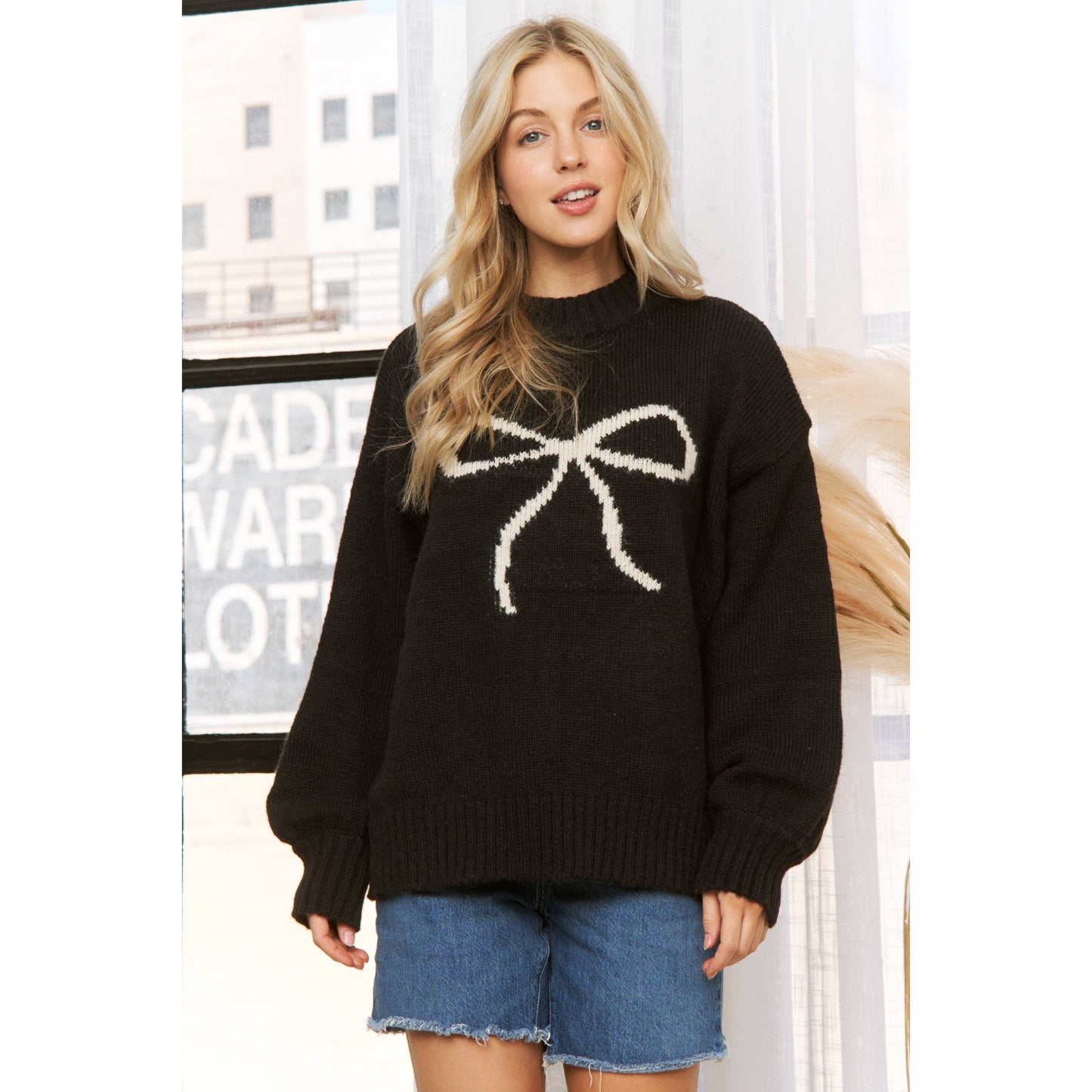 BIG BOW CONTRAST JAQUARD SWEATER PULLOVER