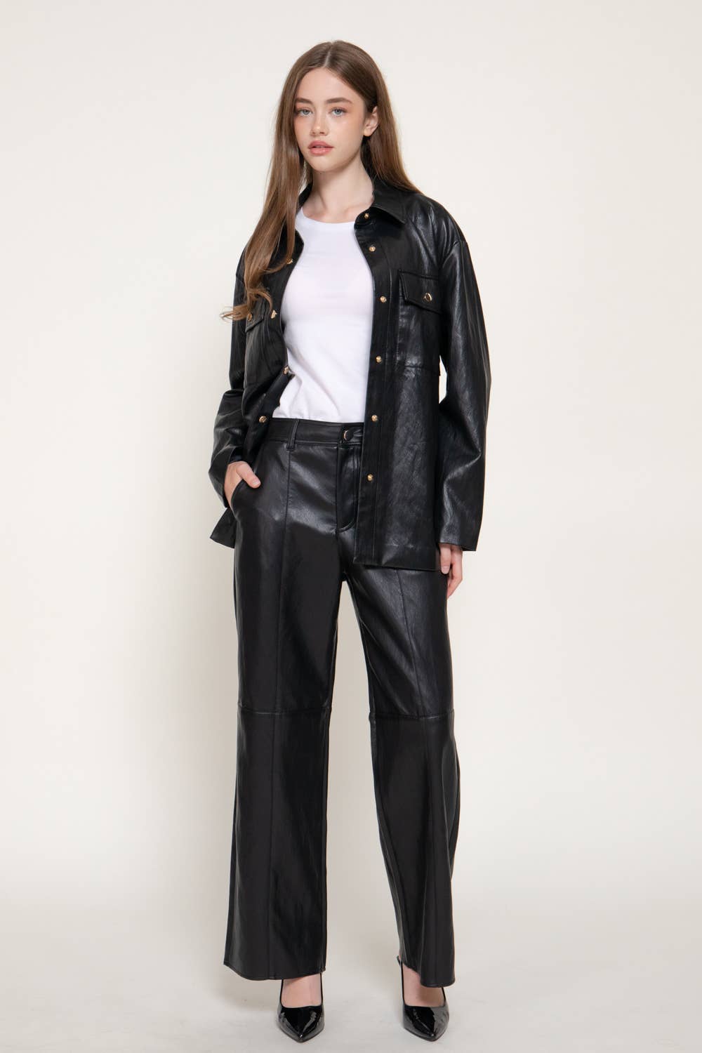 Straight Leg Texture Faux Leather Long Pants