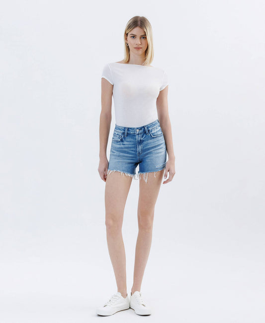 MARIE HIGH RISE RAW SIDE STEP HEM SHORTS T6815