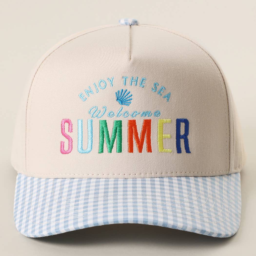 Welcome SUMMER Embroidered Gingham Trucker Hat