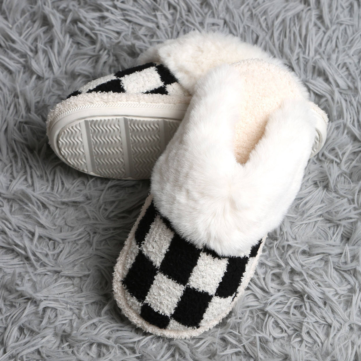 Checkered Faux Fur Cuff Mule Winter Slippers