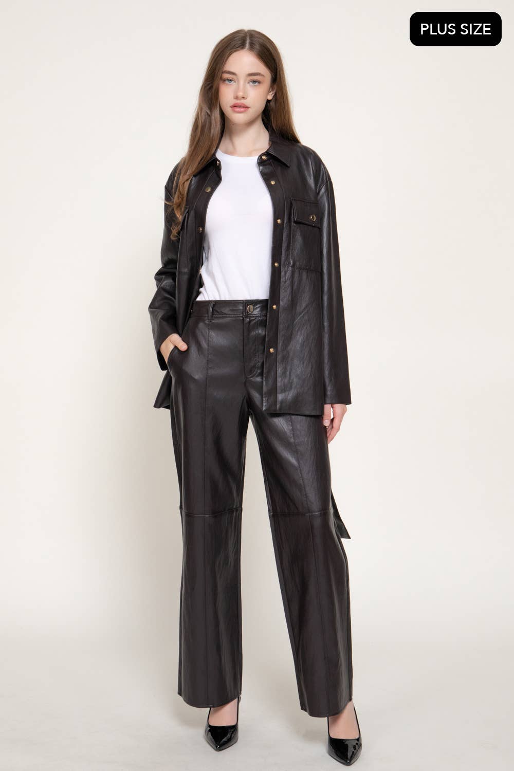 [PLUS SIZE] Straight Leg Texture Faux Leather Long Pants
