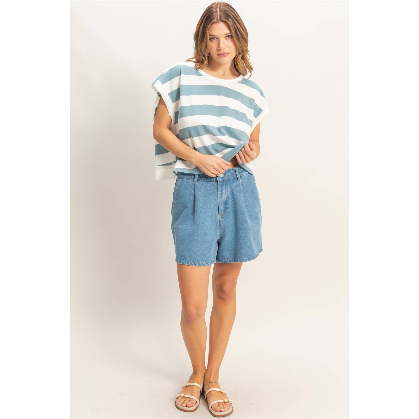 Striped open backCrew Neck Top