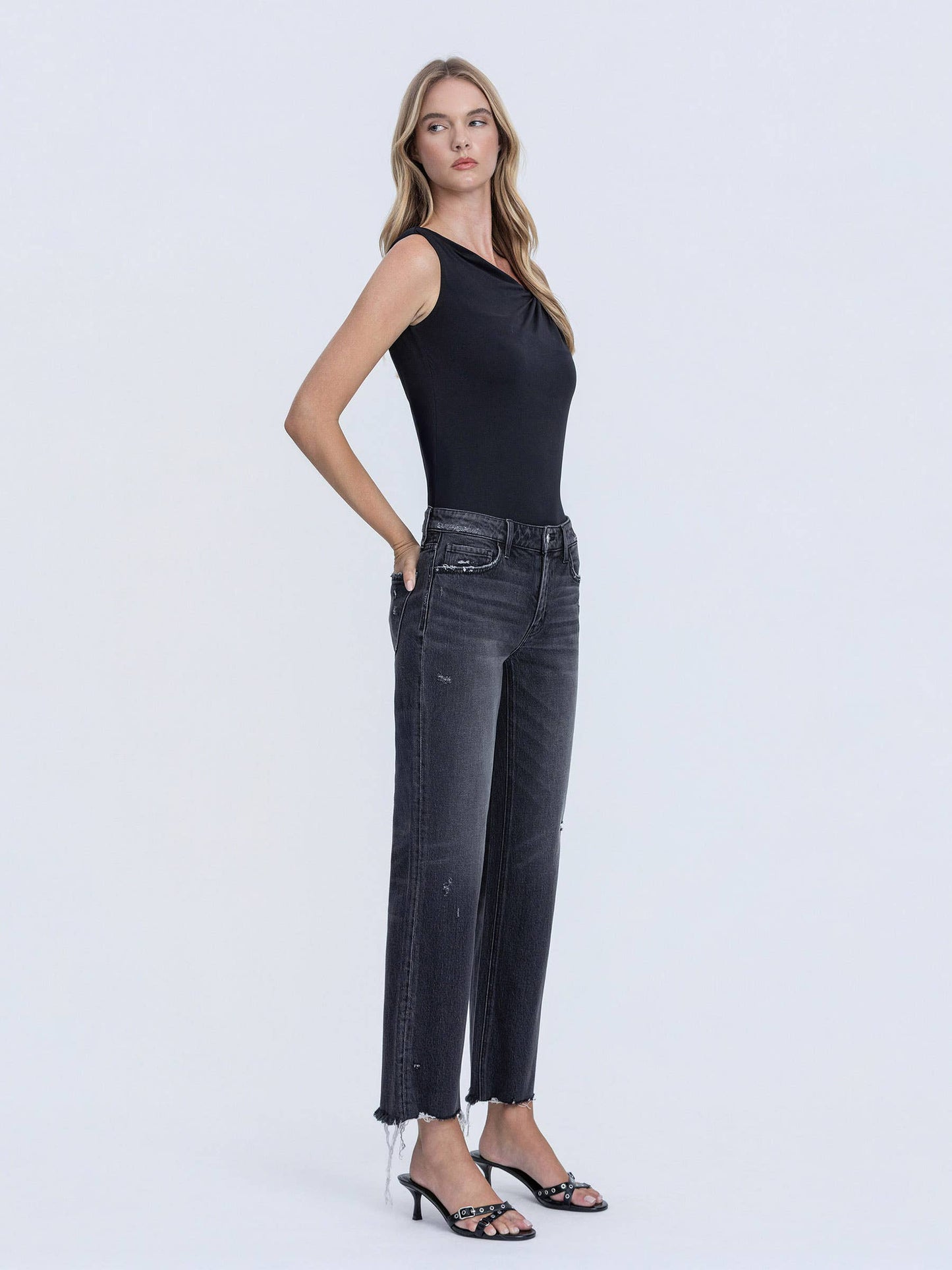 BAILEY MID RISE RAW DISTRESSED HEM BLACK SLIM WIDE JEANS T7302BK