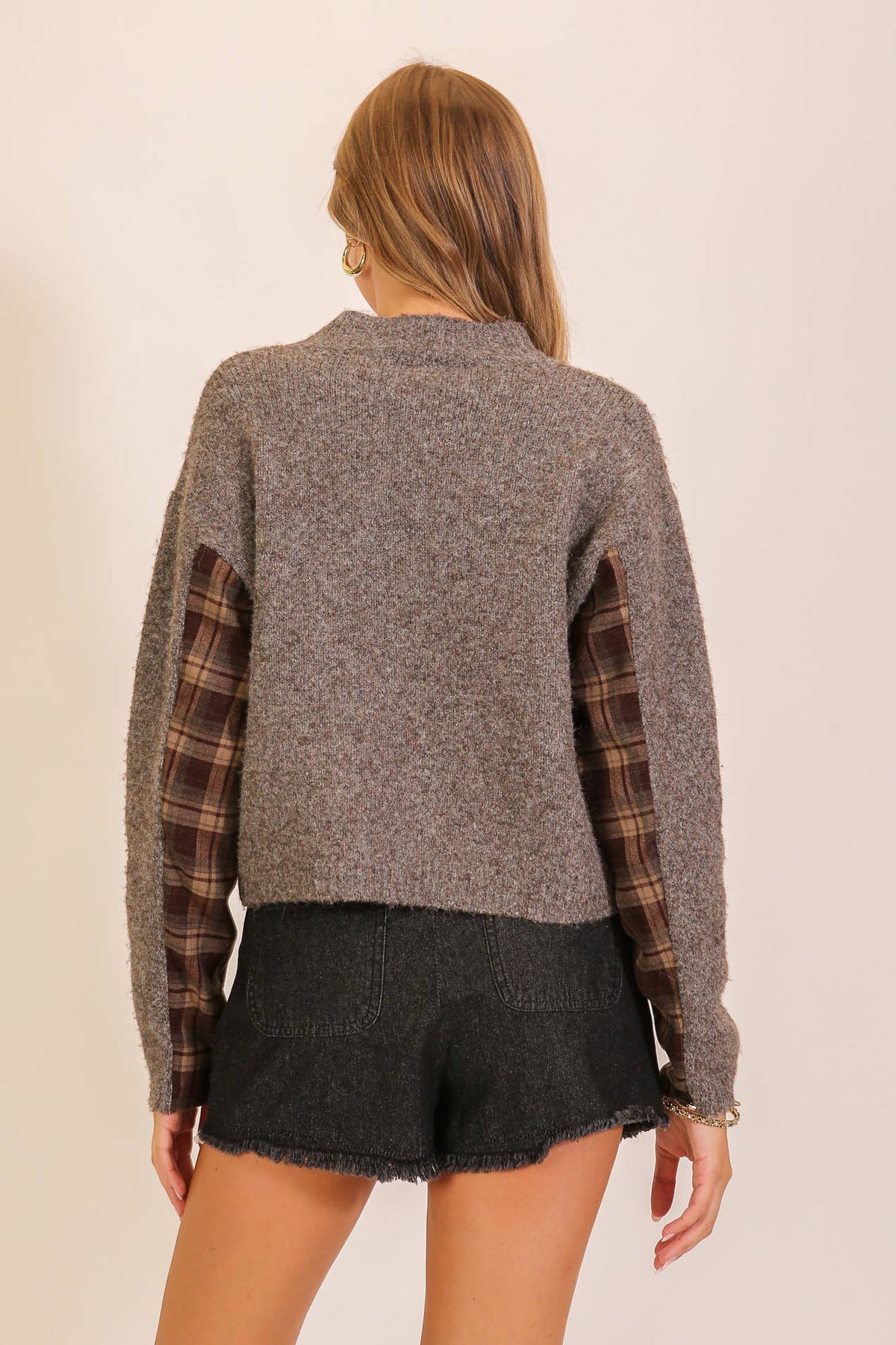 Plaid Contrast Sleeve Mock Neck Sweater