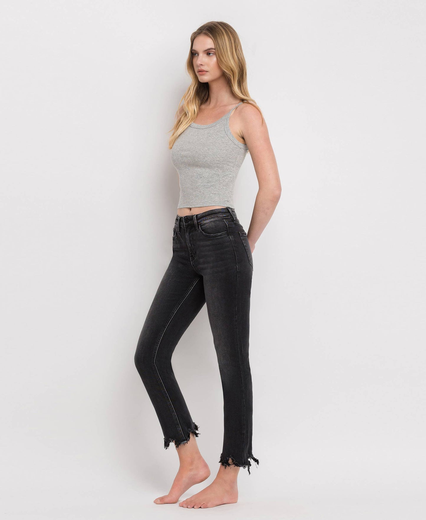BLACK HIGH RISE DISTRESSED UNEVEN HEM SLIM STRAIGHT  JEANS
