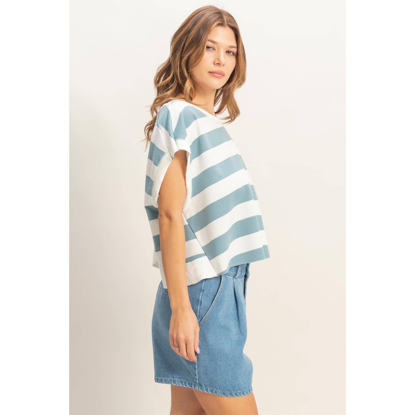 Striped open backCrew Neck Top