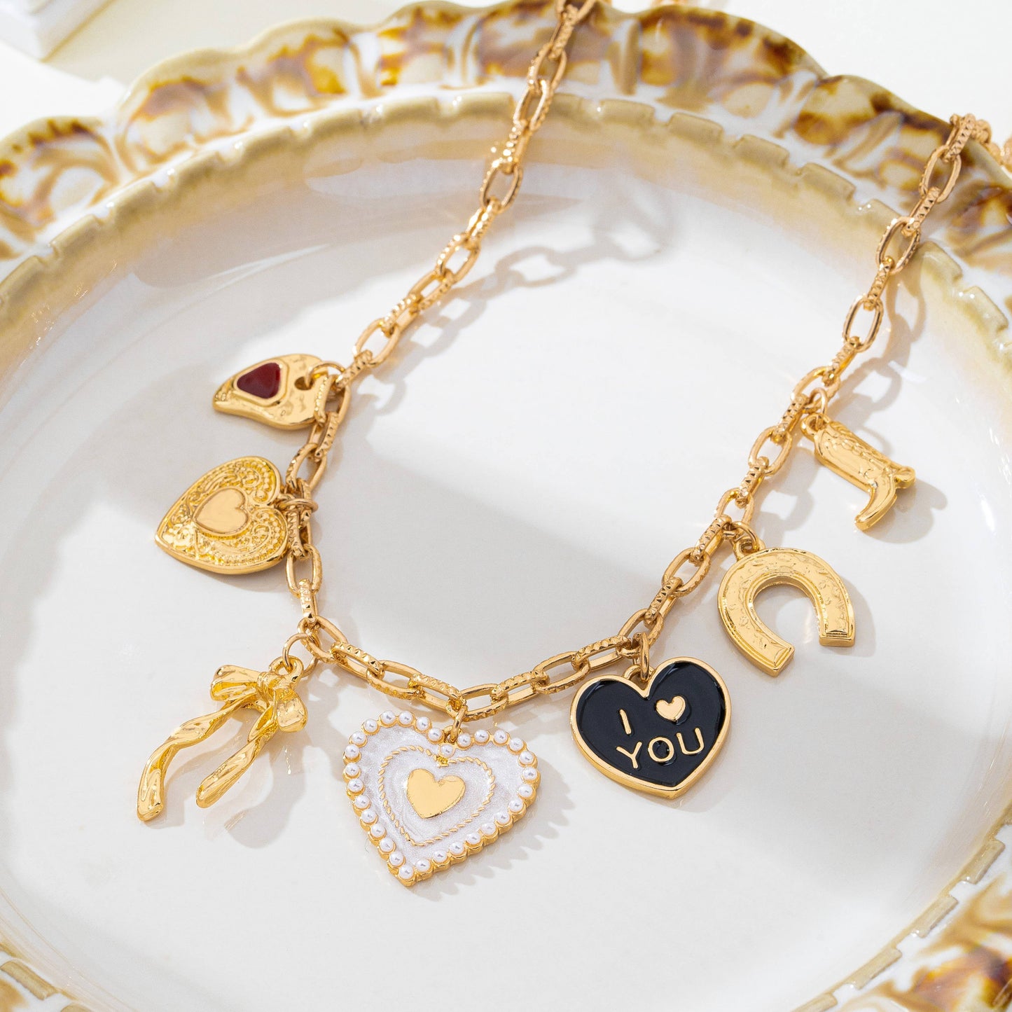 Heart Bow Boot Multi Charm Chain Necklace | 80N93190