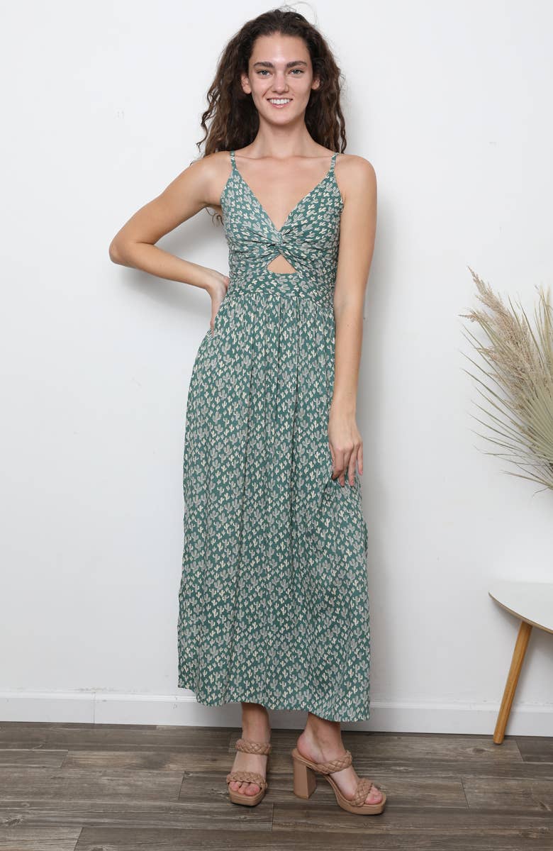 F4B48-W980 V NECK TWIST FRONT MAXI DRESS WITH CUTOUT