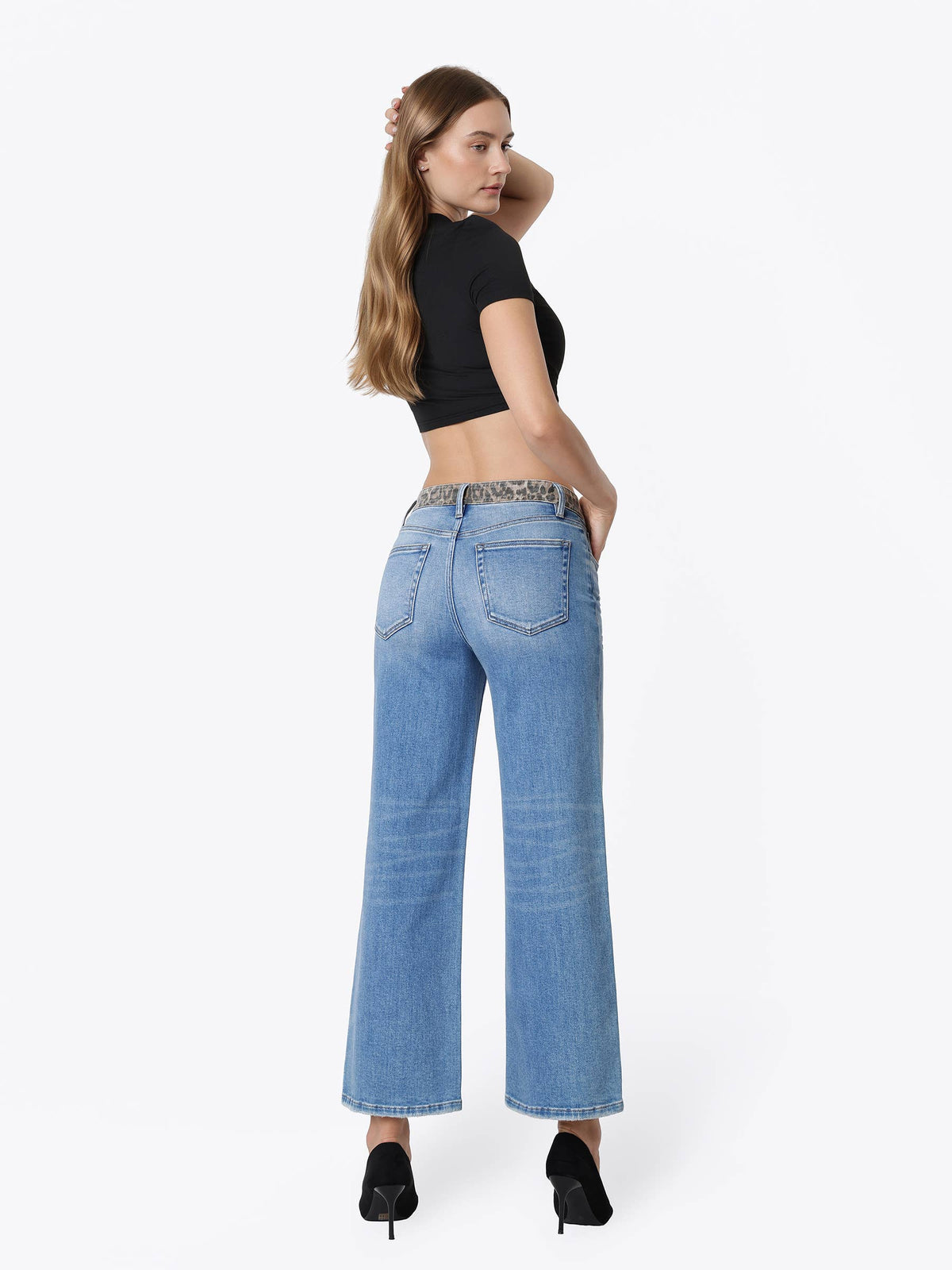 HIGH RISE LEOPARD PRINT WAISTBAND ANKLE WIDE JEANS T7630LPD