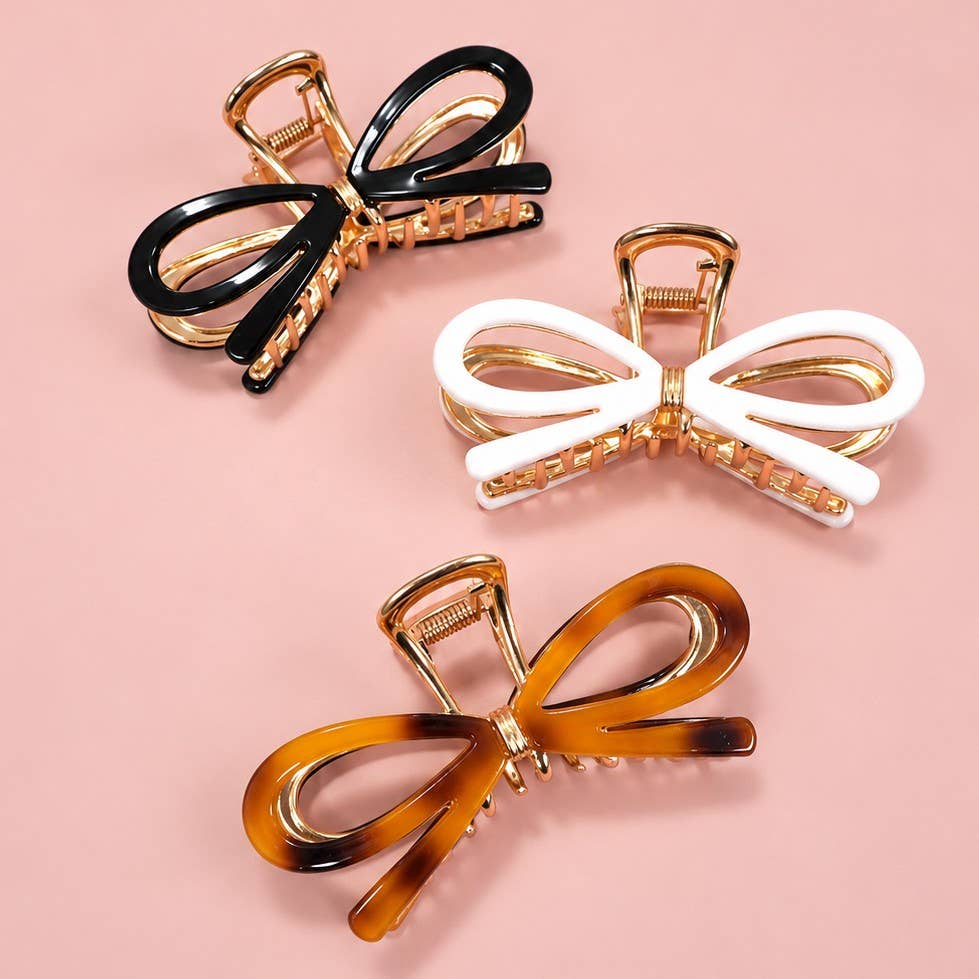 Open Ribbon Bow Gold-Tone Metal Hair Claw Clips