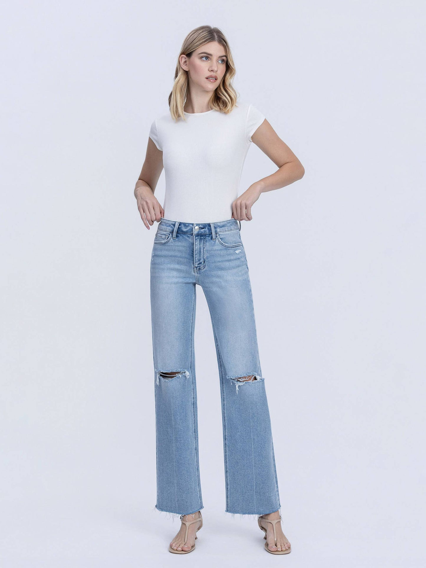 JANE HIGH RISE LIGHT WASH DISTRESSED SLIM WIDE JEANS LV2217