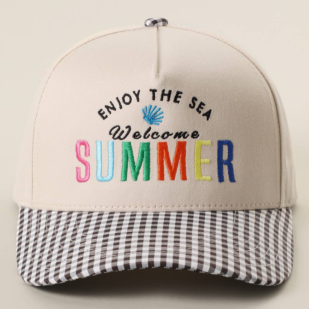 Welcome SUMMER Embroidered Gingham Trucker Hat