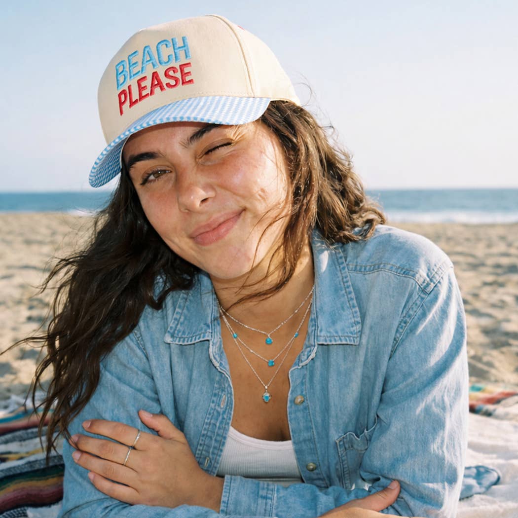 BEACH PLEASE Embroidered Gingham Brim Trucker Hat