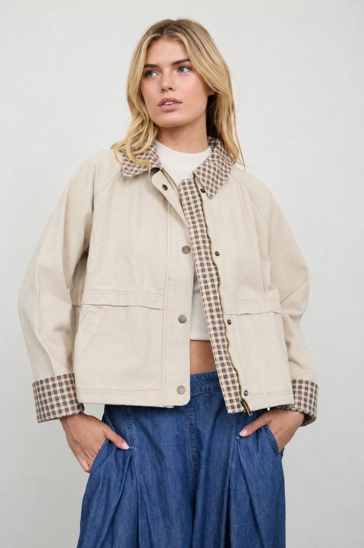GINGHAM CONTRAST SNAP BUTTON JACKET