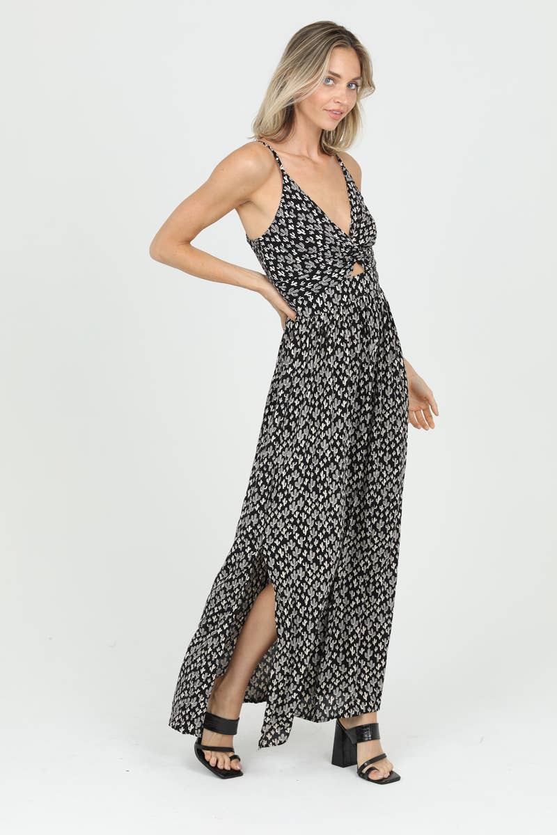 F4B48-W980 V NECK TWIST FRONT MAXI DRESS WITH CUTOUT