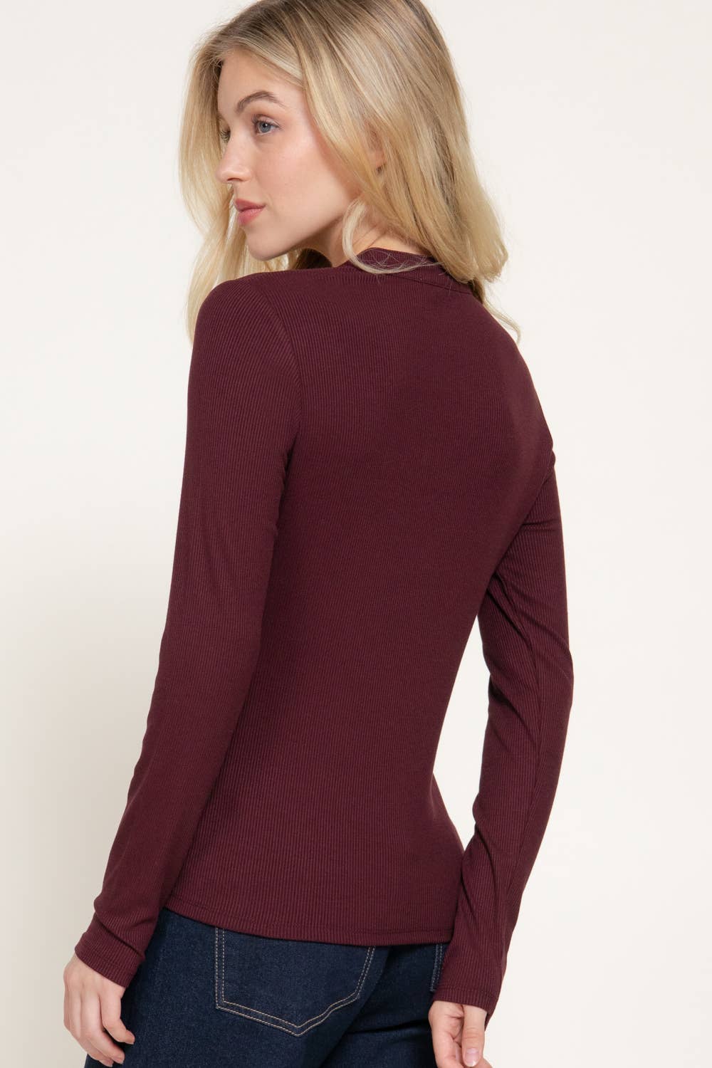 Long Sleeve Henley Neck Ribbed Top
