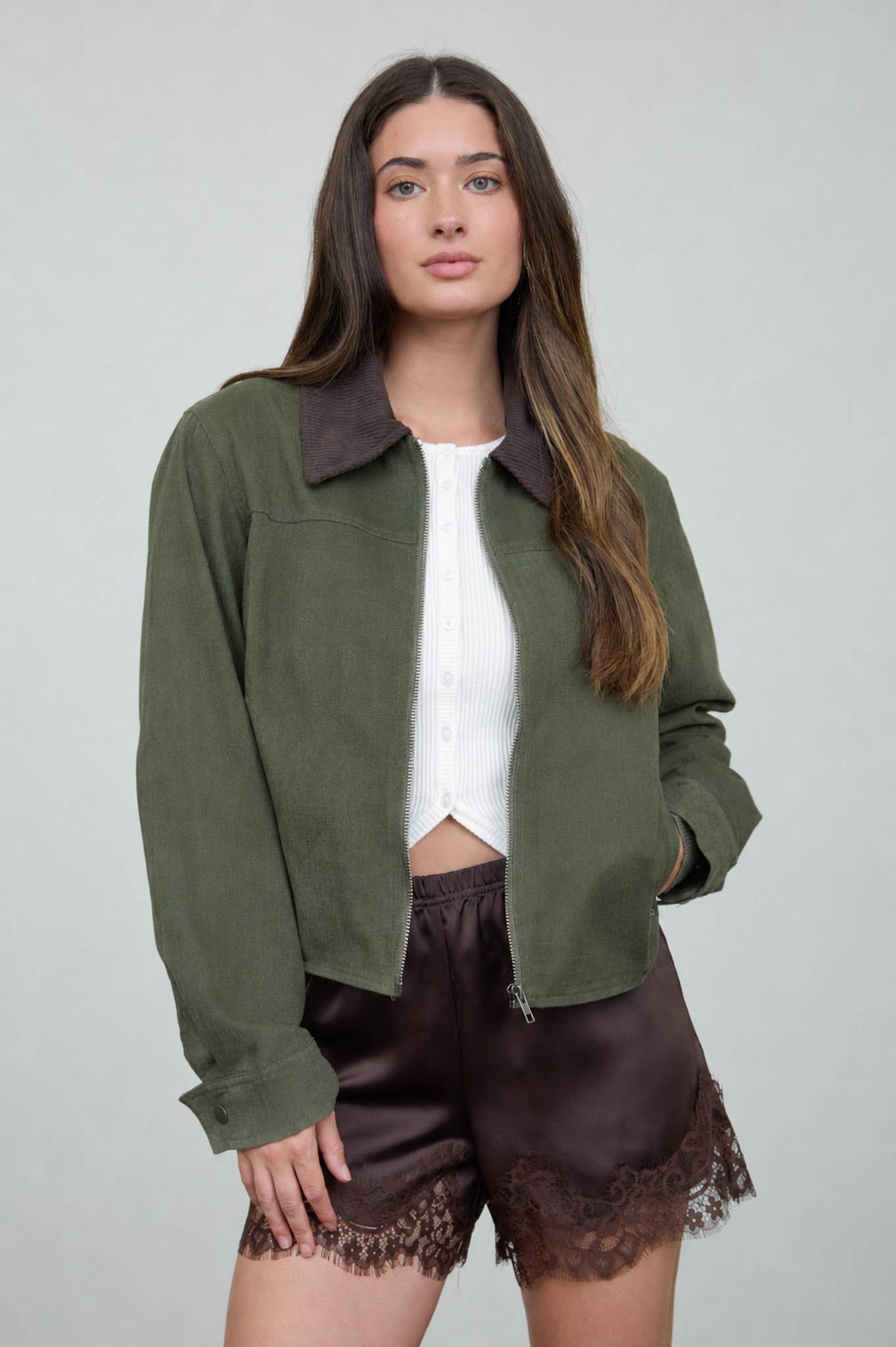 CONTRAST CORDUROY COLLAR ZIP-UP JACKET