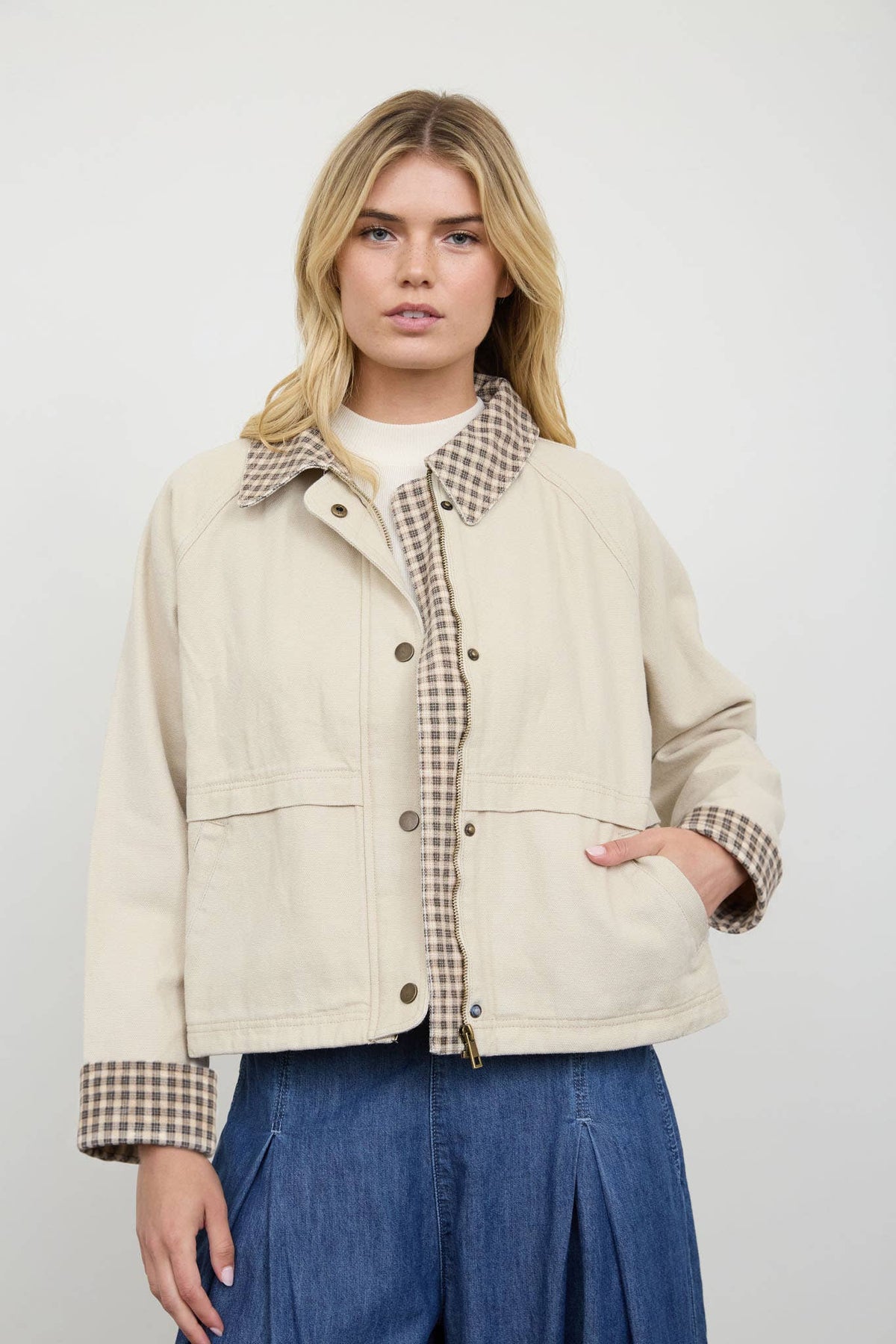 GINGHAM CONTRAST SNAP BUTTON JACKET