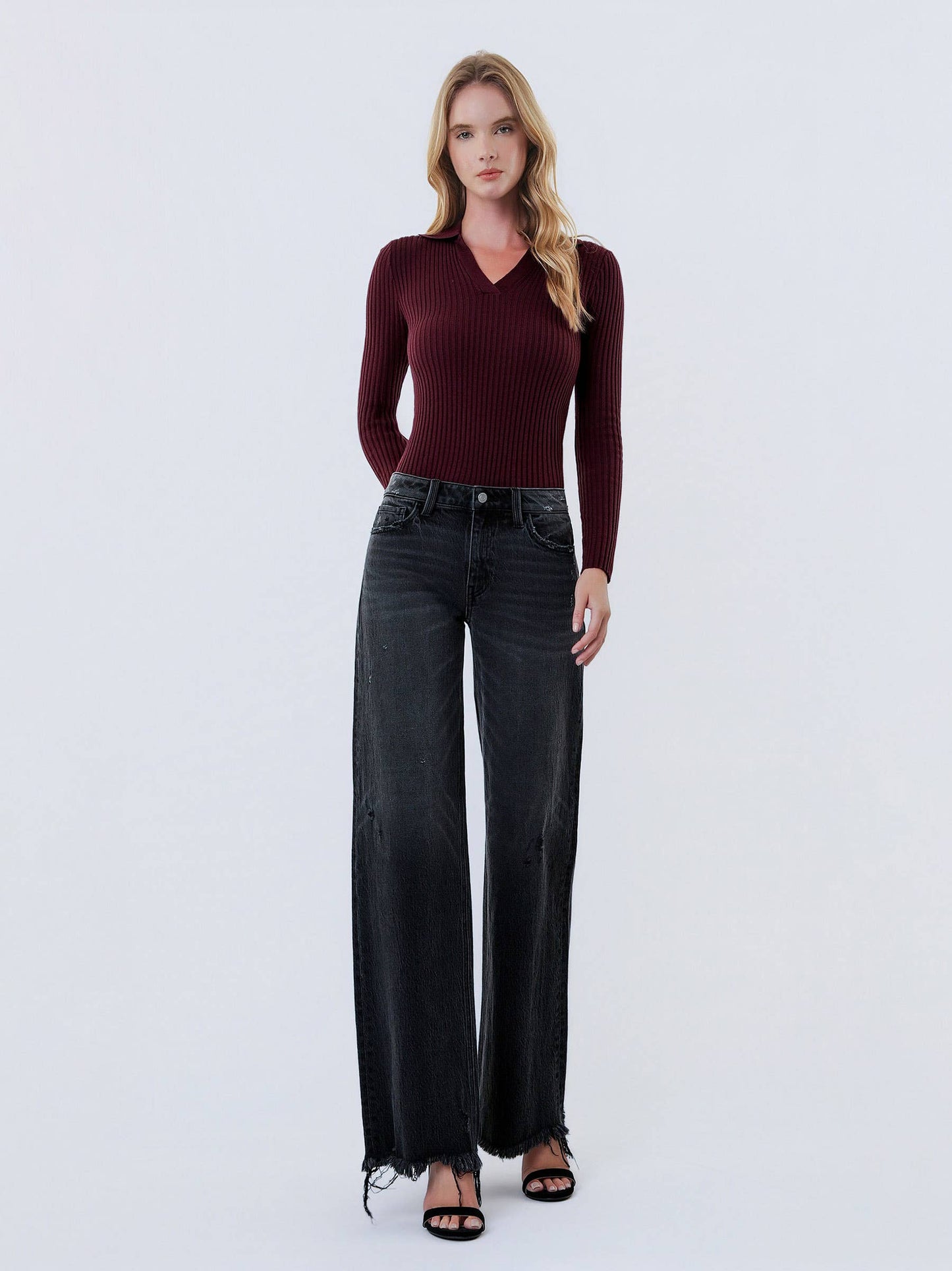 JANE MID RISE DISTRESSED HEM BLACK WIDE LEG  JEANS T7320BK