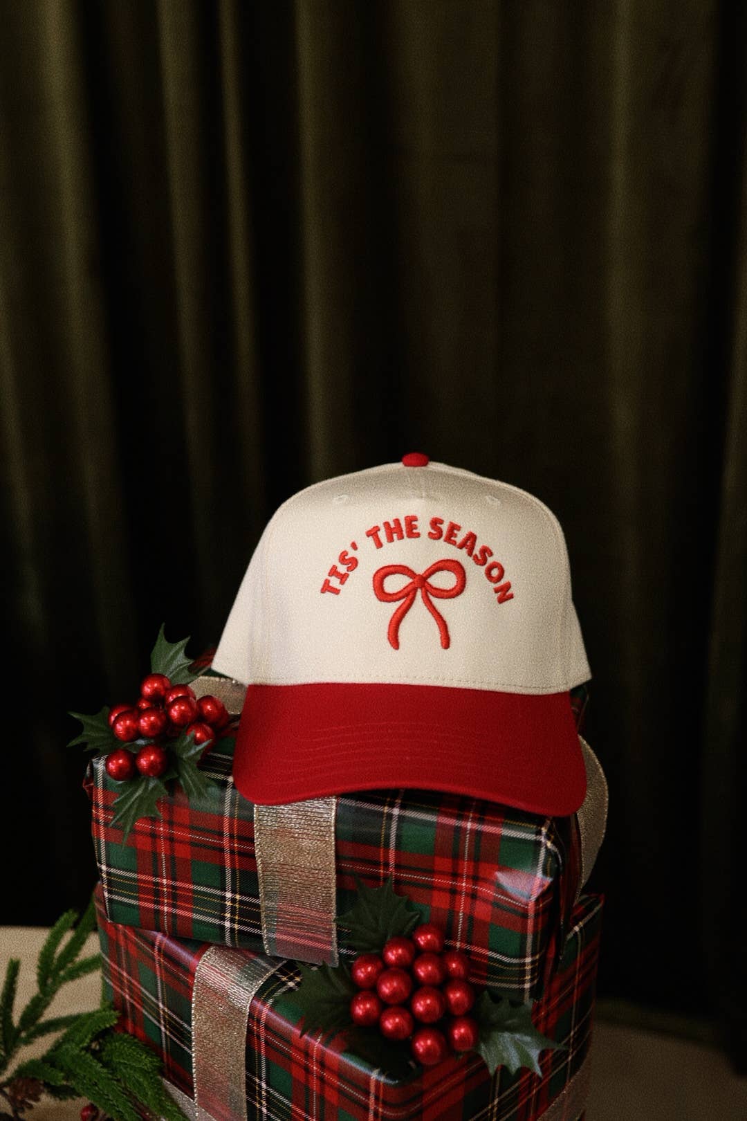 Tis The Season 3D puff embroidered bow hat