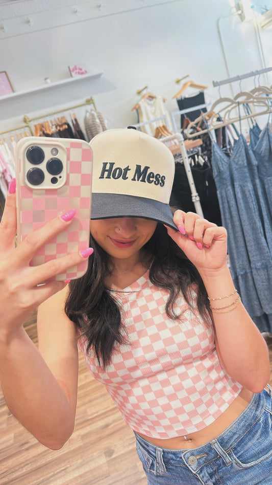 HOT MESS Letter Embroidered on Two Tone Trucker Hat