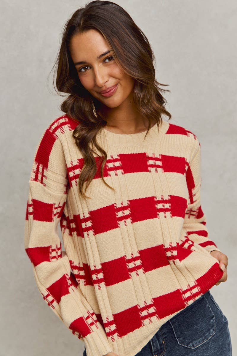 Red Stripe Crew Neck Sweater Knit Top
