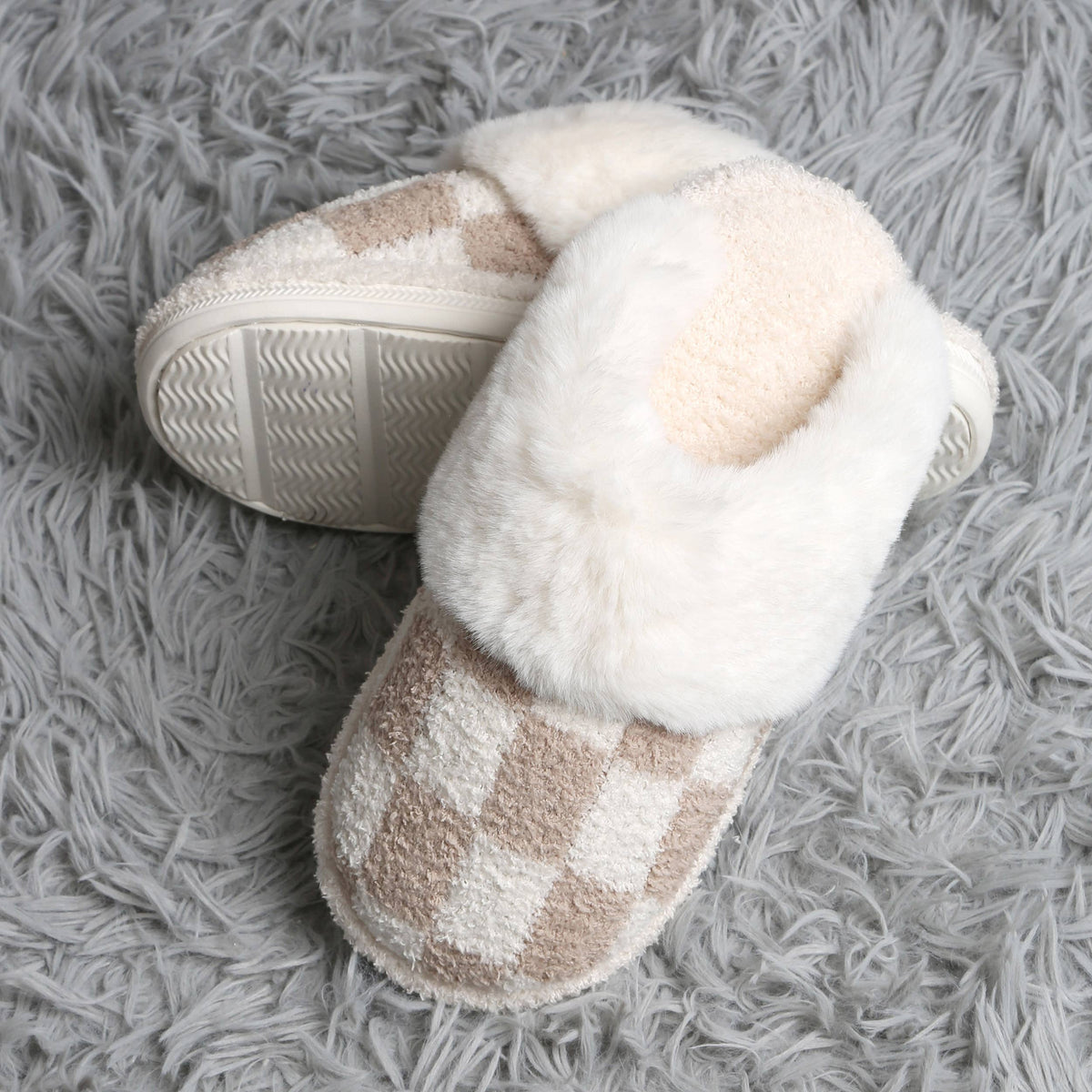 Checkered Faux Fur Cuff Mule Winter Slippers