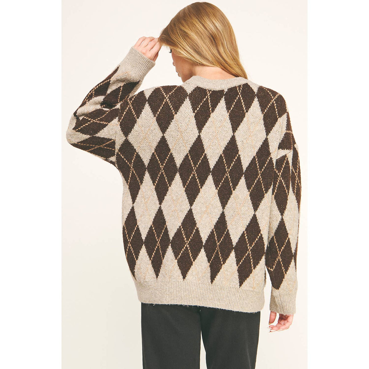 CHECKERED CREW NECK LONG SLEEVE PULLOVER SWEATER