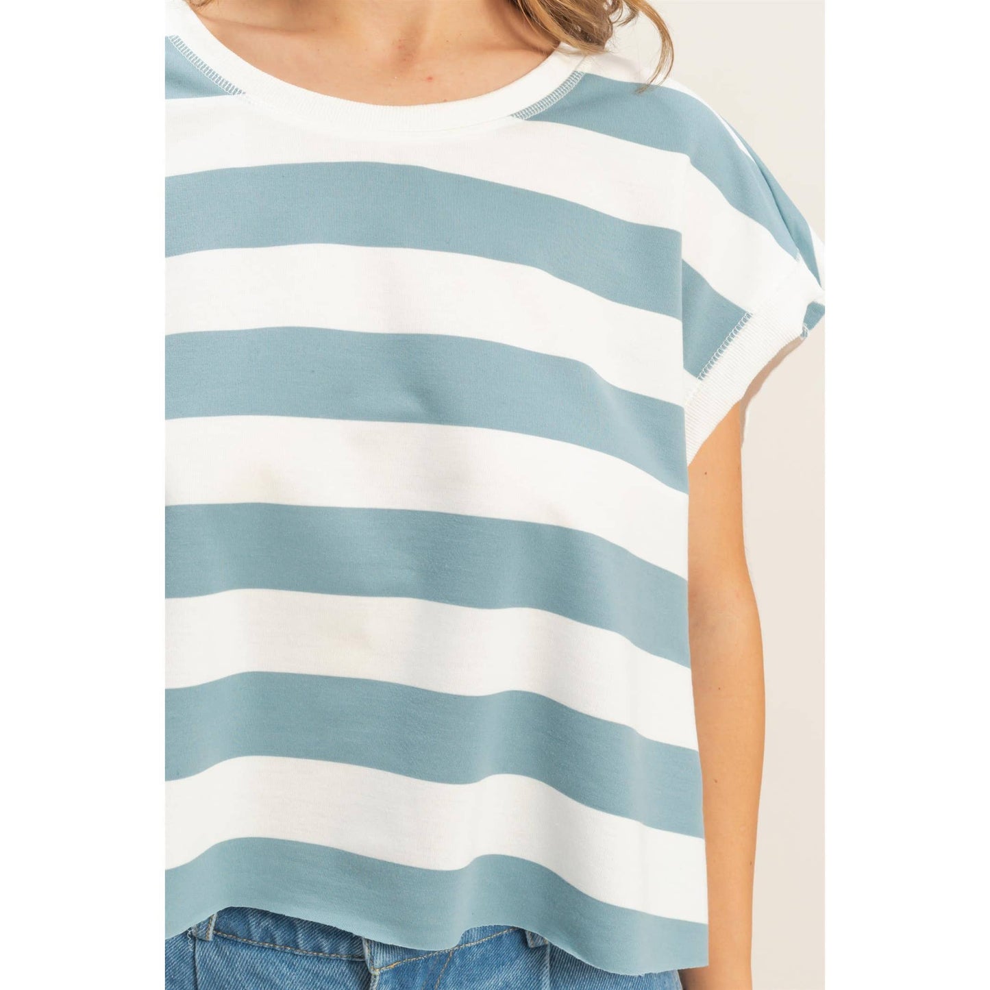 Striped open backCrew Neck Top