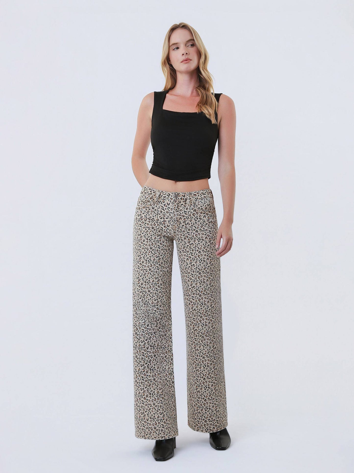 MID RISE LEOPARD PRINT WIDE LEG JEANS