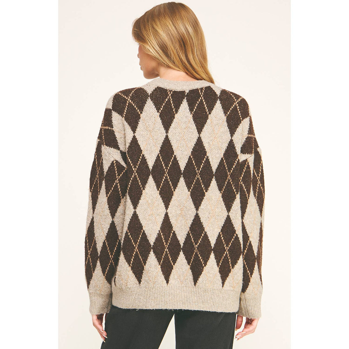 CHECKERED CREW NECK LONG SLEEVE PULLOVER SWEATER