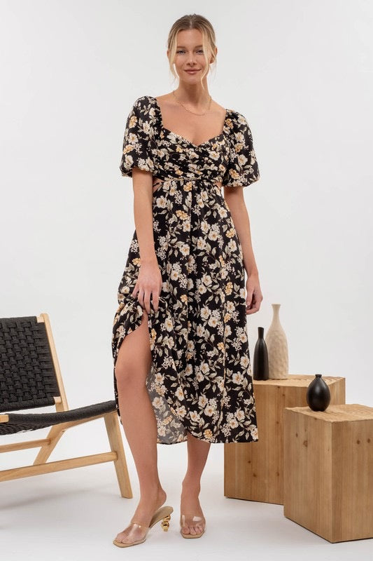 Puff sleeve open cut floral dress