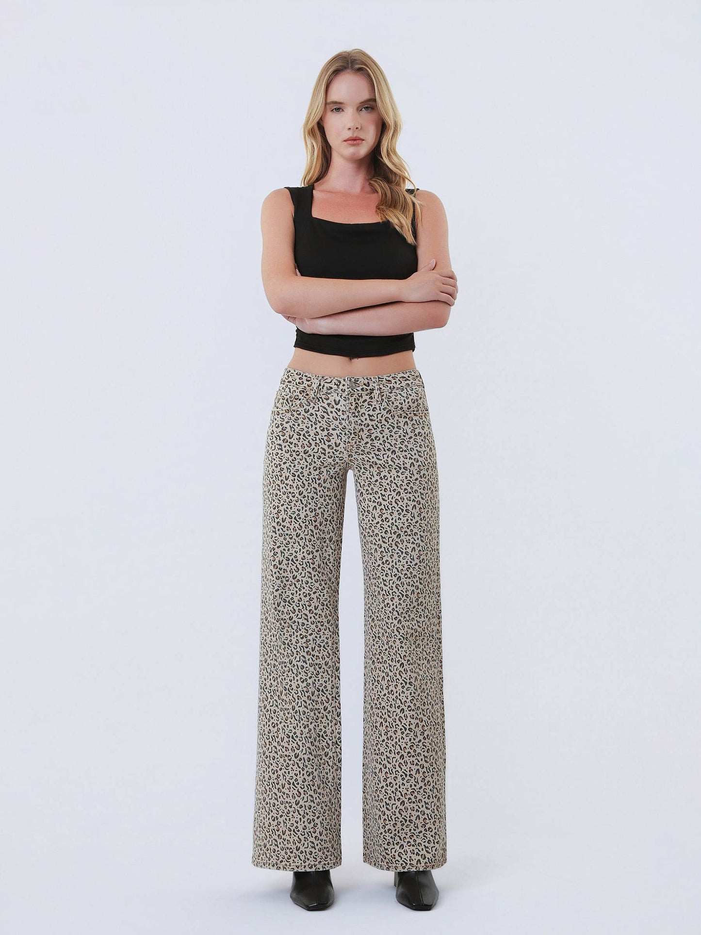 MID RISE LEOPARD PRINT WIDE LEG JEANS