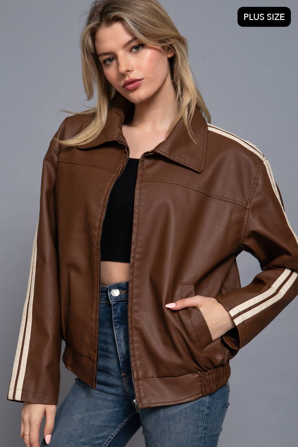 [PLUS SIZE] Long Sleeve Line Detail Faux Leather Jacket